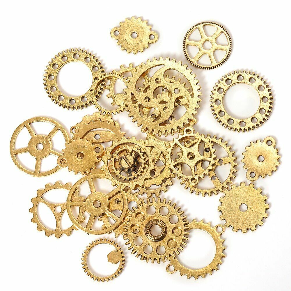 Gold Steampunk Charms | Clockwork Gear Charm Connector | Mechanical Gogwheel Watch Parts | Vintage Steam Punk Jewelry Making (8pcs / Antique Gold /